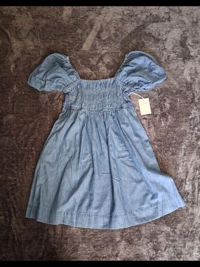NWT Free Assembly Blue Denim Smocked Puff Sleeve Square Neck Dress Womens M 8-10